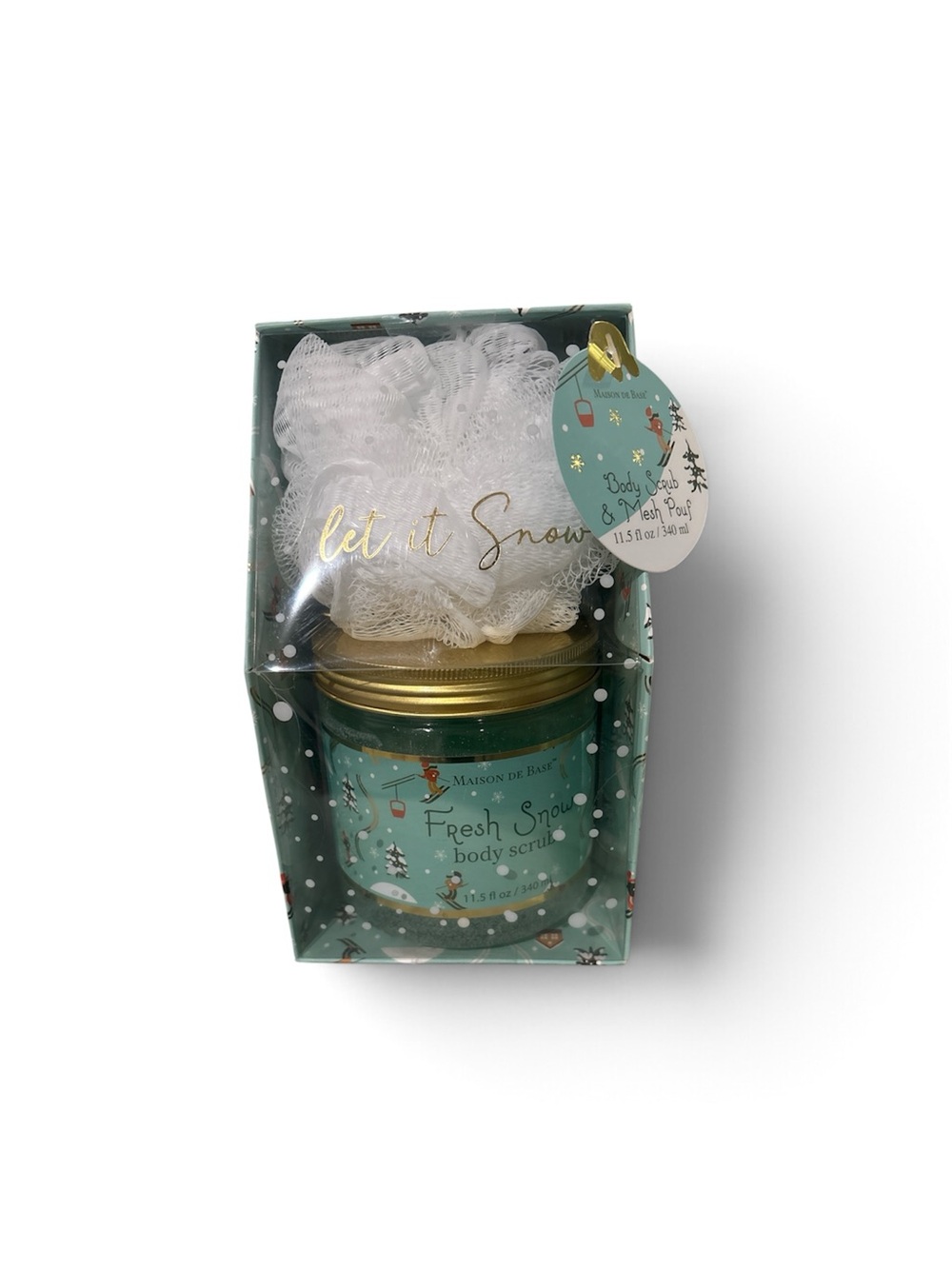 Fresh Snow Body Scrub & White Mesh Pouf - Green